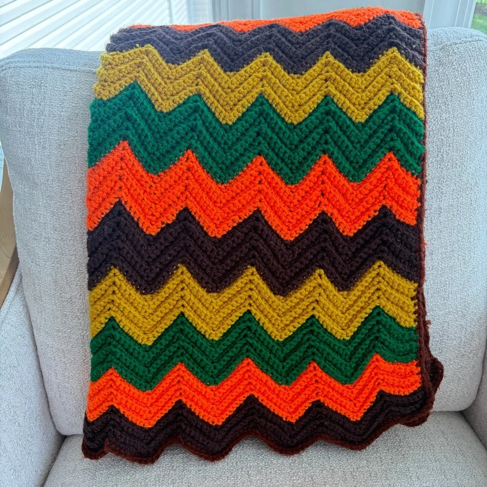 Vintage Handmade Crochet Chevron Ripple Afghan Blanket Orange Yellow Green Brown